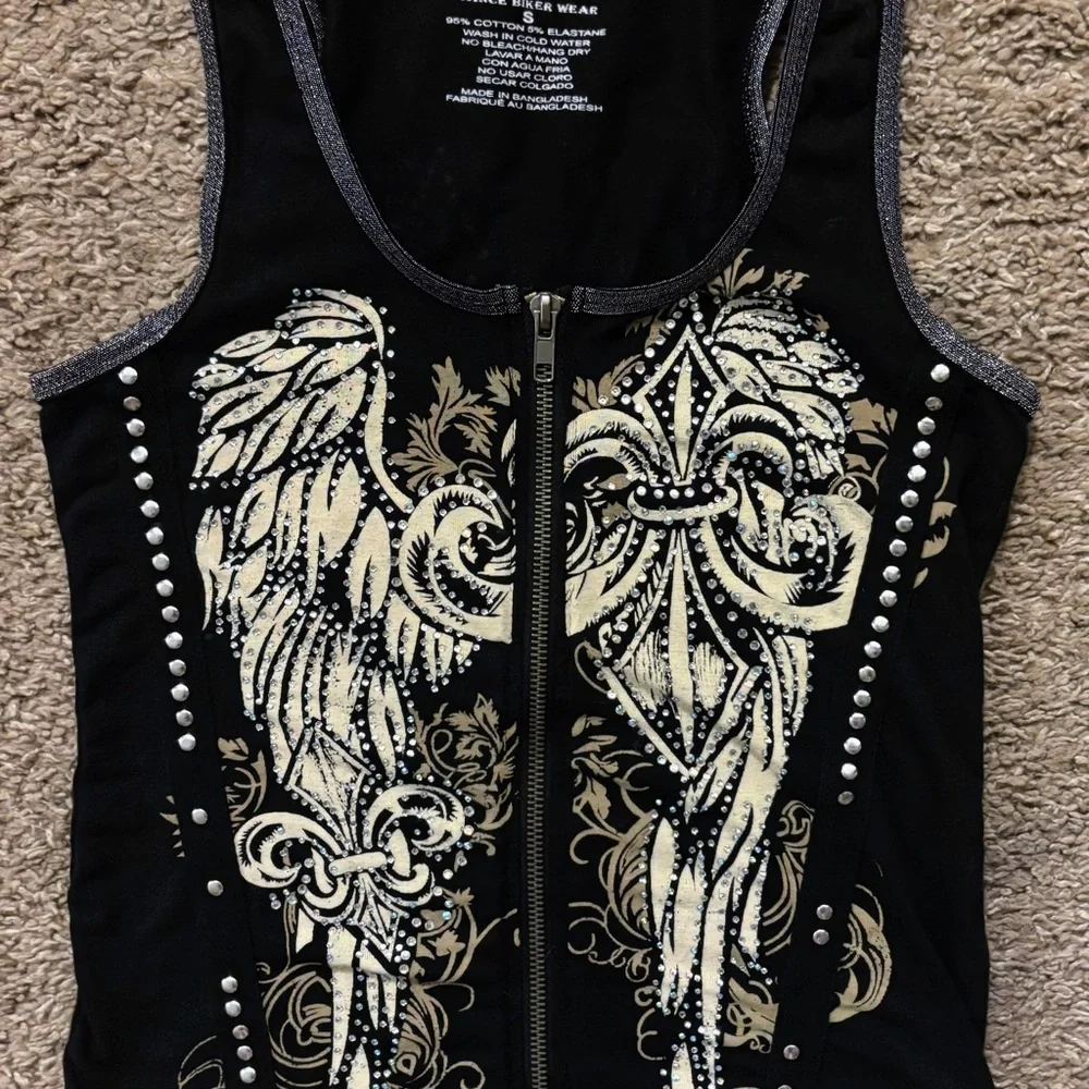Vintage Y2k Vance Biker Wear Tank Top Womans S Full Zip Double Sided Rhinestone - Picture 5 of 13